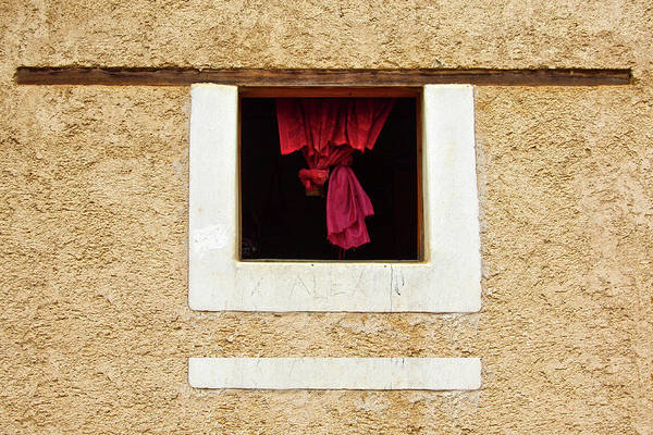 Small window with red drapery, Guatemala