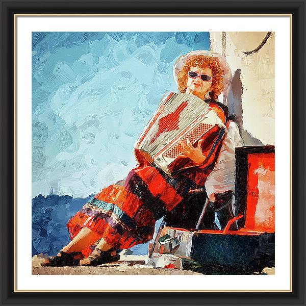 Accordion player lady at Peggy's Cove, Nova Scotia painting framed art print