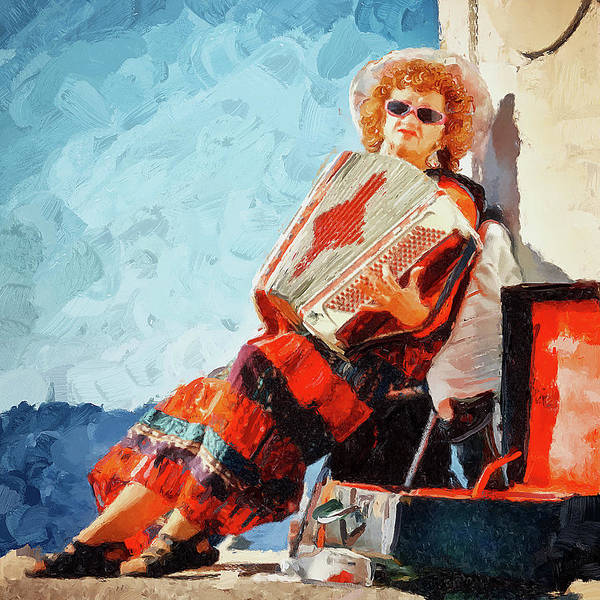Accordion player lady at Peggy's Cove, Nova Scotia - painting

