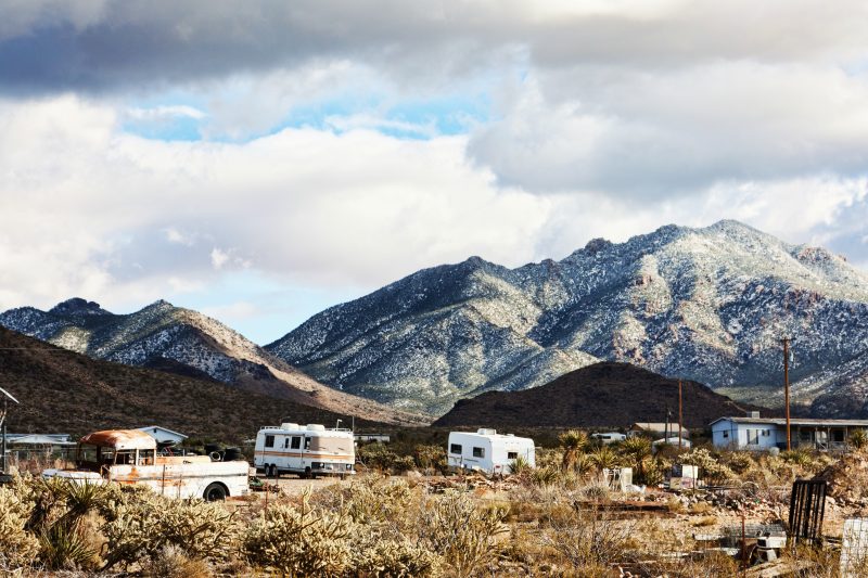 Mountains covered by snow and junk in Mohave Desert, Arizona